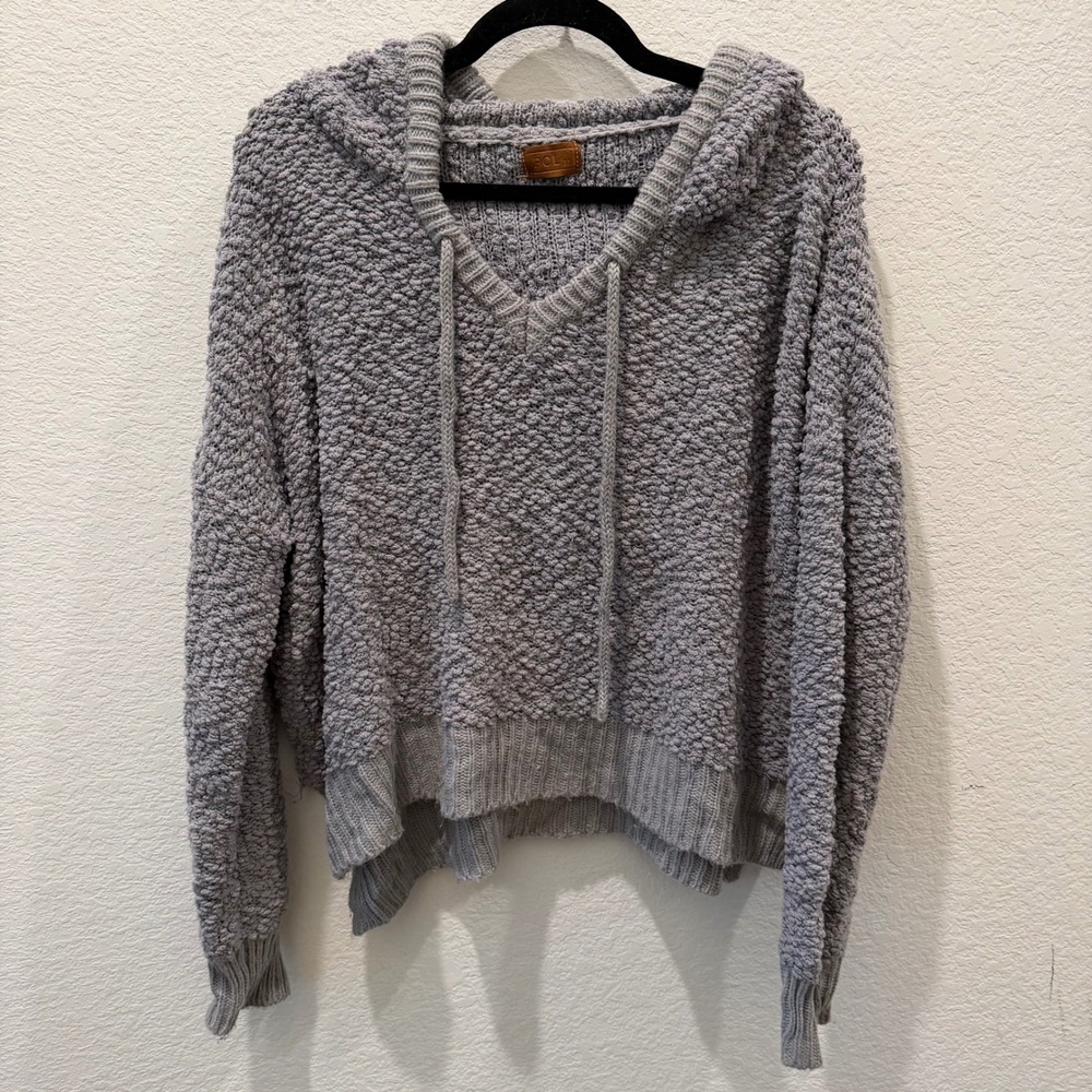 POL Clothing Women Gray Popcorn Knit Hooded Sweater Size M Boho V-Neck Pullover